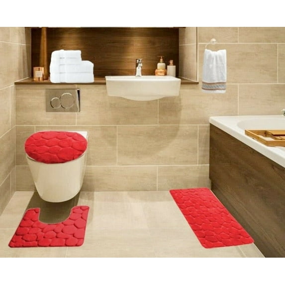 3 Piece Bath Rock Pebble Cobblestone Red Color Embossed Memory Foam Plush Anti Slip For Bathroom Rug Mat Lid Cover Set Washable
