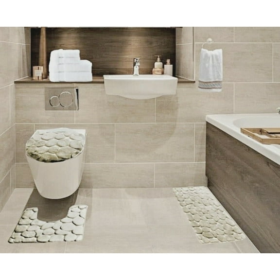 3 Piece Bath Rock Pebble Cobblestone Taupe Color Embossed Memory Foam Plush Anti Slip For Bathroom Rug Mat Lid Cover Set Washable
