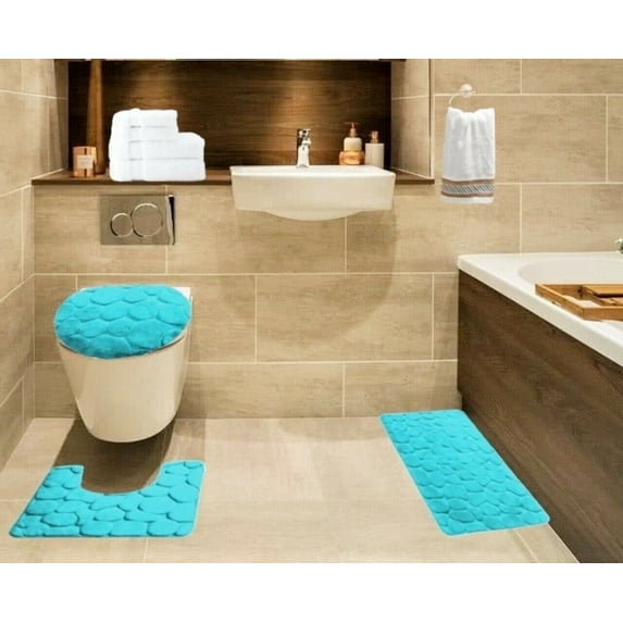 3 Piece Bath Rock Pebble Cobblestone Turquoise Color Embossed Memory Foam Plush Anti Slip For Bathroom Rug Mat Lid Cover Set Washable