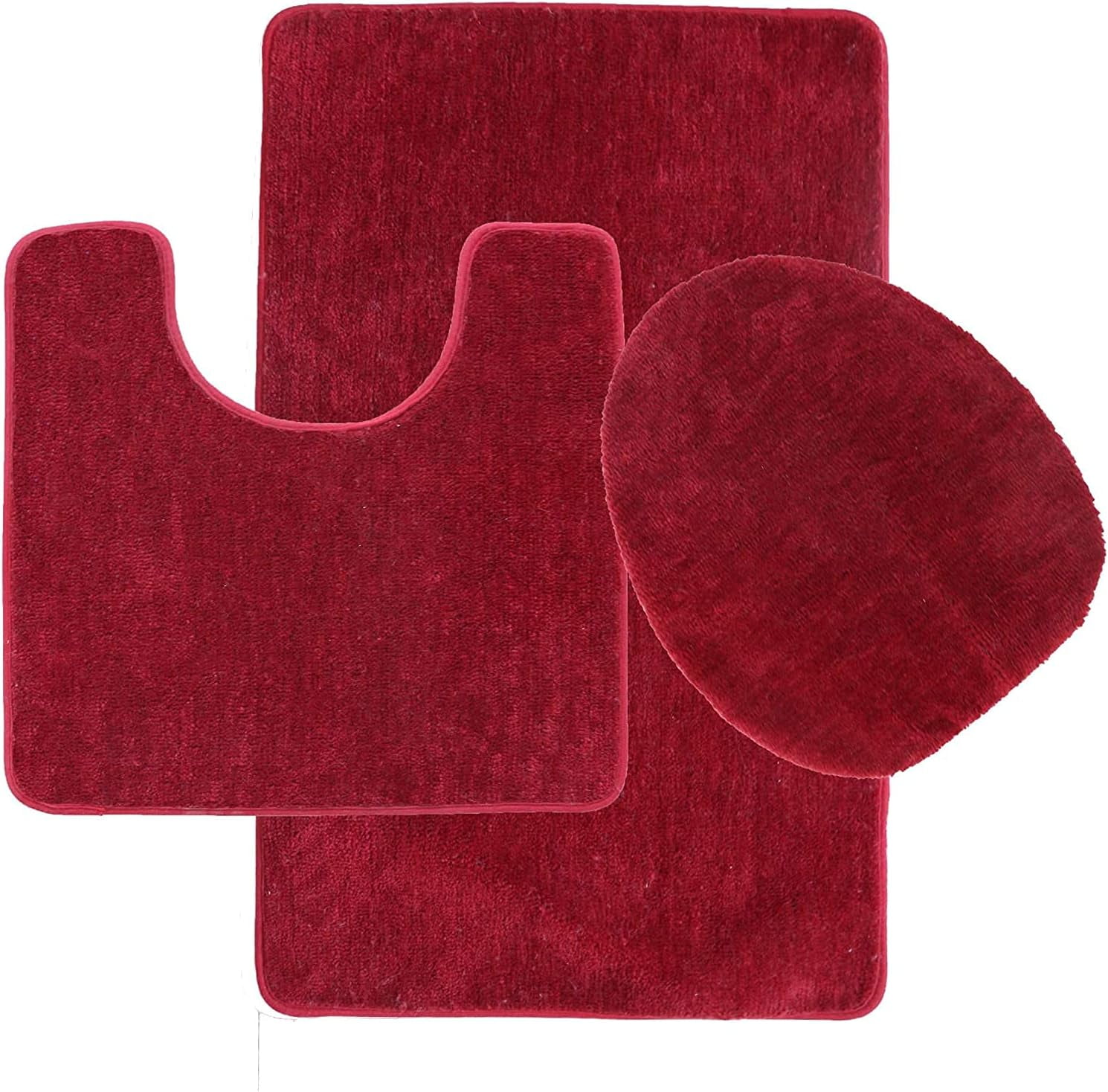 3 Piece Bath Rug Set, Bathroom Rug (18"X29.5"), Contour Mat (18"X18") With Lid Cover (Burgundy ...