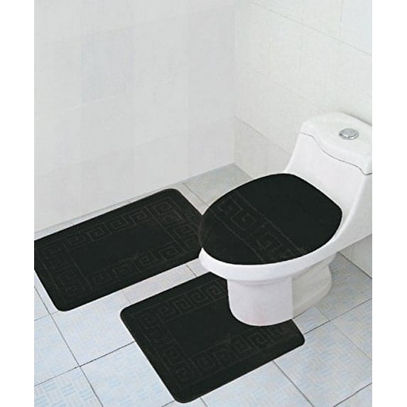 3 Piece Bath Rug Set Pattern Bathroom Rug (20"x32")/large Contour Mat (20"x20") with Lid Cover (Black)