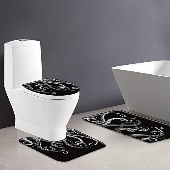 3 Piece Bath Rugs Set,Octopus Tentacles Nautical Decor Octopus Ocean Kraken Costal Marine Bathroom Carpet Water Absorbent U-Shape Contour Rug Mat Toilet Lid Cover for Bath