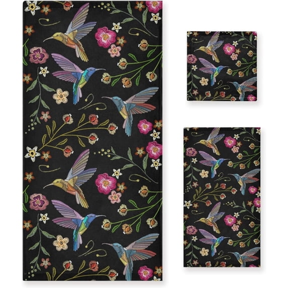 3 Piece Bath Towel Set, Soft Bathroom Towels Beautiful Hummingbirds Exotic Flowers Towels Fashion Print Quality Towels (Set of 3, 1 Bath Towel, 1 Hand Towel & 1 Washcloth) Washcloth Gift