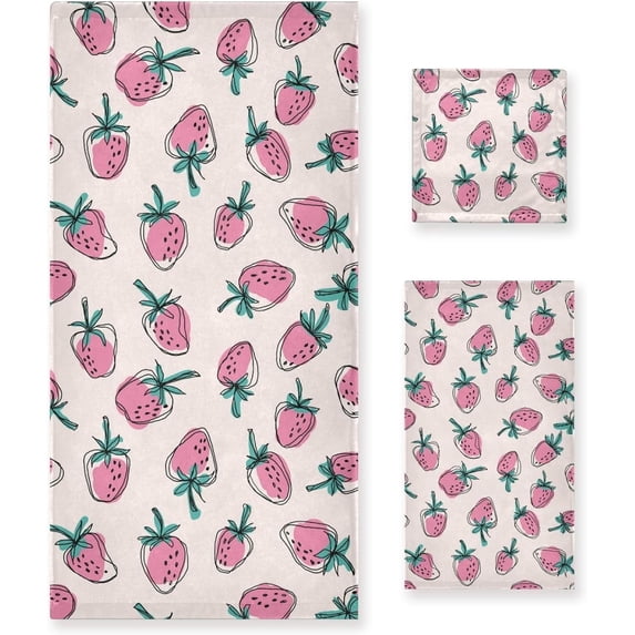 3 Piece Bath Towel Set, Soft Highly Absorbent Bathroom Towels Pink Strawberry Towels Fashion Print Quality Towels (Set of 3, 1 Bath Towel, 1 Hand Towel & 1 Washcloth) Washcloth Gift