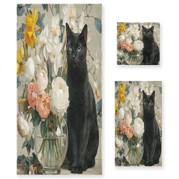 3 Piece Bath Towels Set Bath Towel, Hand Towel and Face Towel for Bathroom, Gym, Hotel Black Cat and Glass Vase