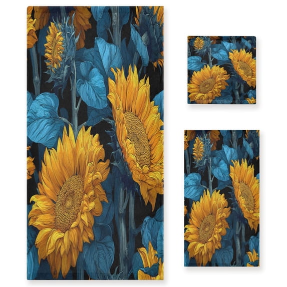 3 Piece Bath Towels Set Bath Towel, Hand Towel and Face Towel for Bathroom, Gym, Hotel Blue Leaves and Sunflowers