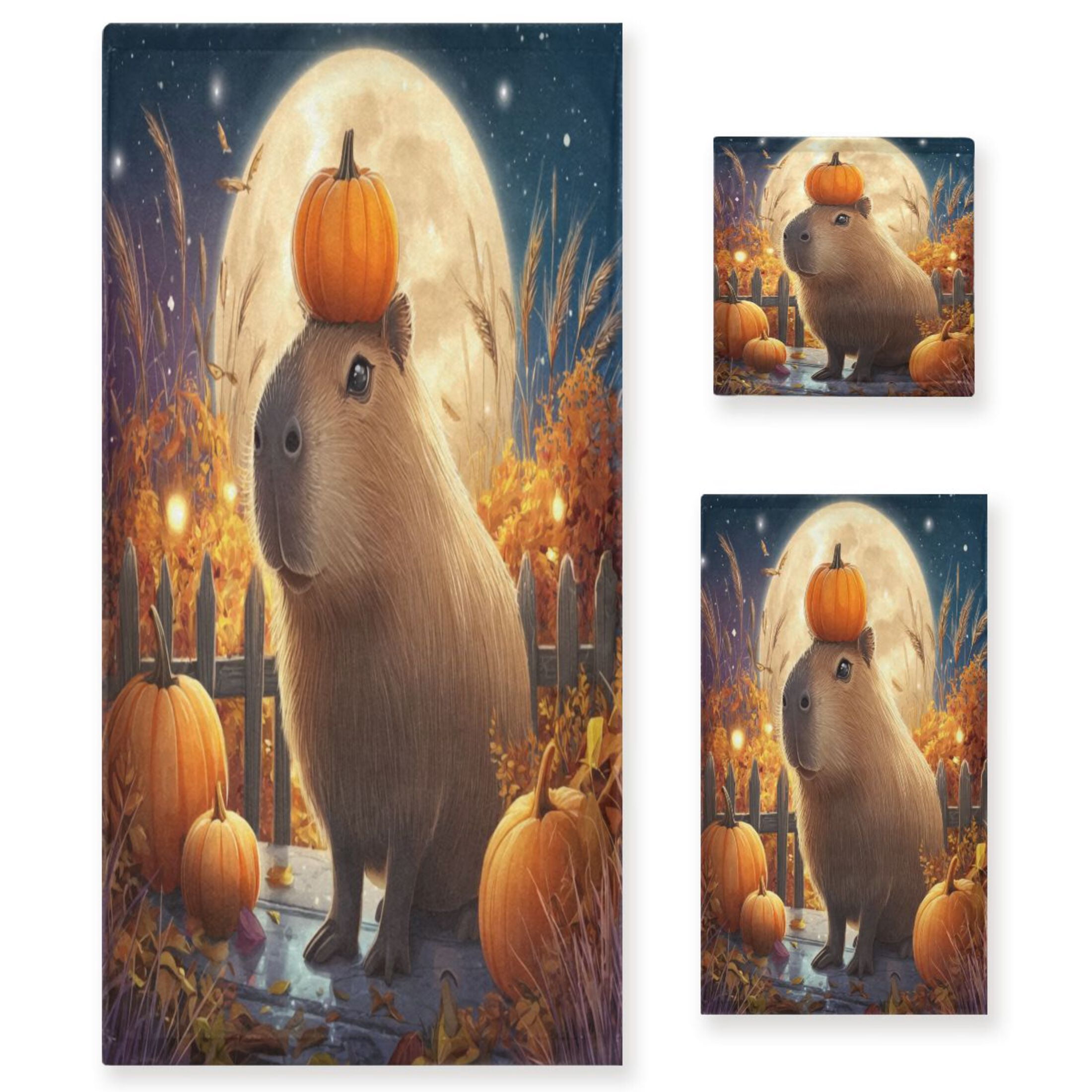 3 Piece Bath Towels Set Bath Towel, Hand Towel and Face Towel for Bathroom, Gym, Hotel Capybara with Pumpkins and Leaves