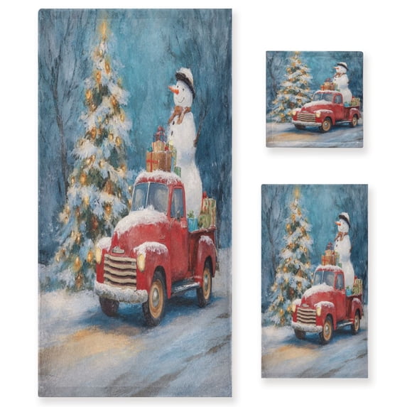 3 Piece Bath Towels Set Bath Towel, Hand Towel and Face Towel for Bathroom, Gym, Hotel Christmas Snowman in A Red Truck