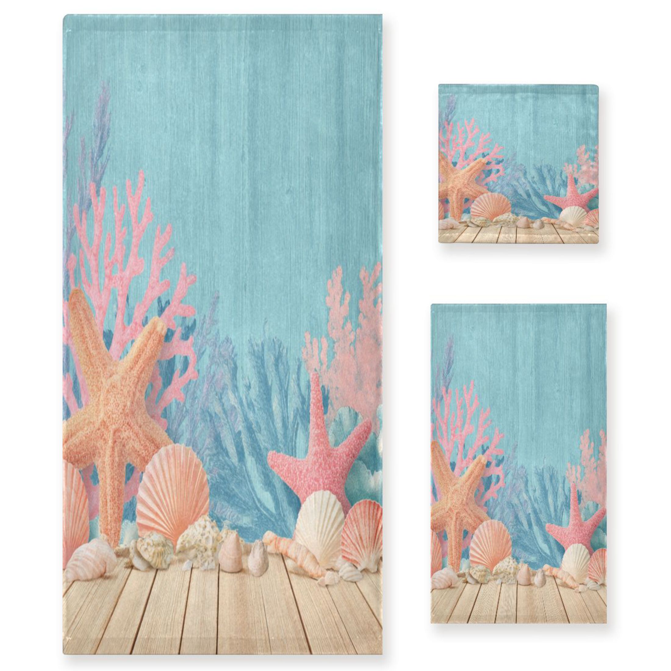 3 Piece Bath Towels Set Bath Towel, Hand Towel and Face Towel for Bathroom, Gym, Hotel Colorful Starfish and Seashells