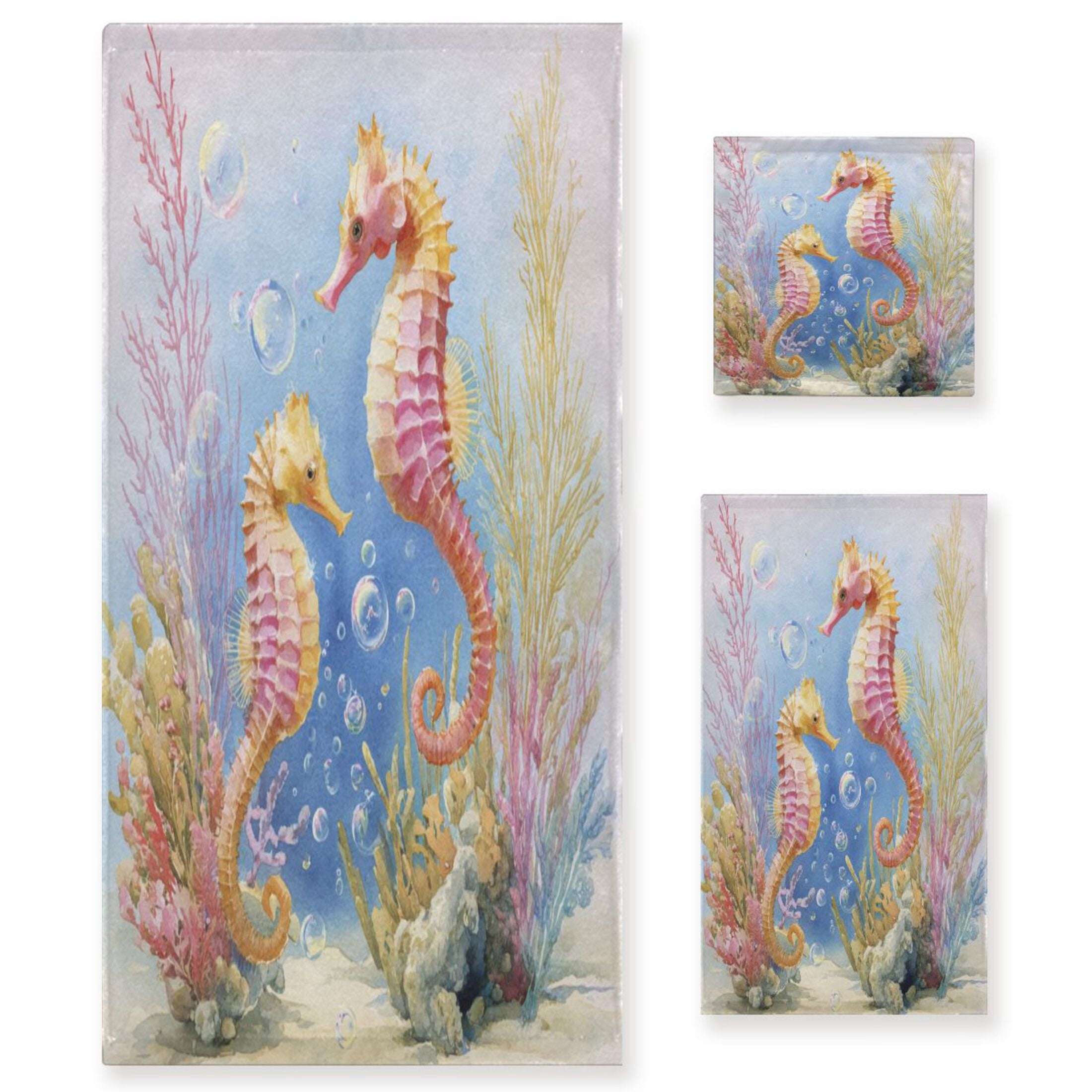 3 Piece Bath Towels Set Bath Towel, Hand Towel and Face Towel for Bathroom, Gym, Hotel Cute Seahorse Pattern