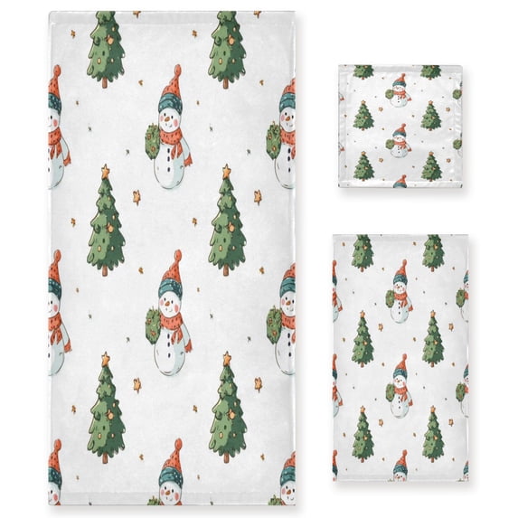 3 Piece Bath Towels Set Bath Towel, Hand Towel and Face Towel for Bathroom, Gym, Hotel Cute Snowman and Christmas Tree