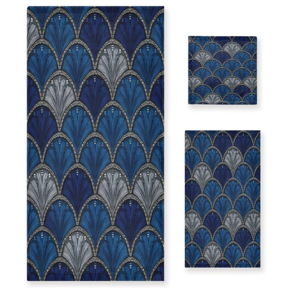 3 Piece Bath Towels Set Bath Towel, Hand Towel and Face Towel for Bathroom, Gym, Hotel Dark Blue Fan-shaped Pattern