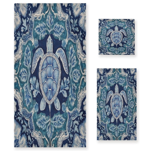 3 Piece Bath Towels Set Bath Towel, Hand Towel and Face Towel for Bathroom, Gym, Hotel Dark Teal Turtle Pattern