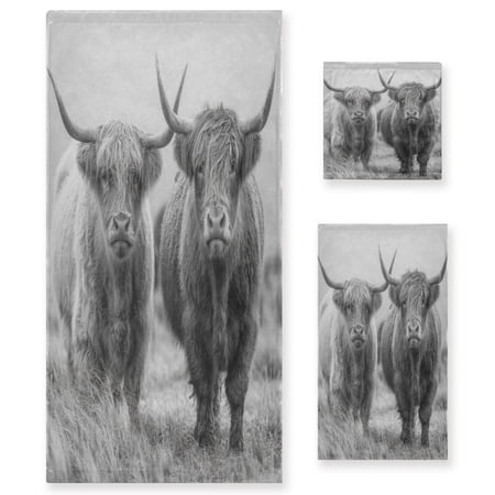 3 Piece Bath Towels Set Bath Towel, Hand Towel and Face Towel for Bathroom, Gym, Hotel Grey Highland Cattle
