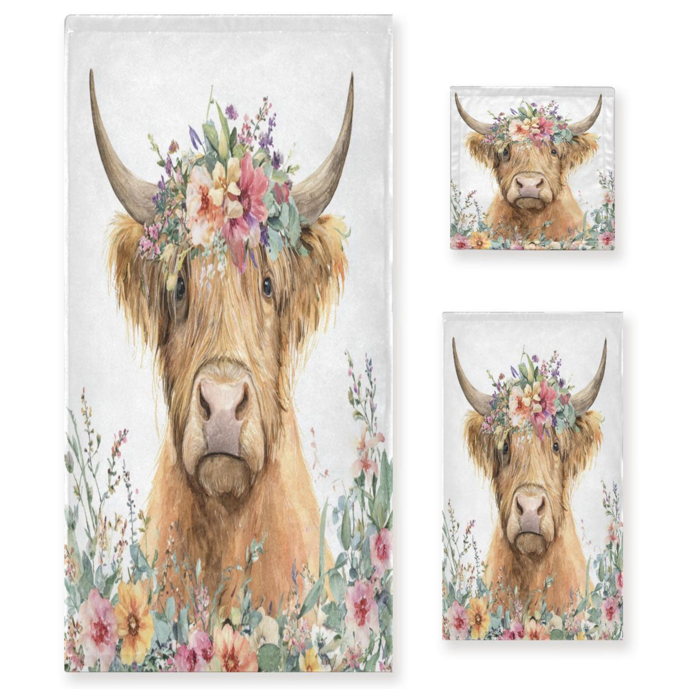 3 Piece Bath Towels Set Bath Towel, Hand Towel and Face Towel for Bathroom, Gym, Hotel Highland Cow with Flowers