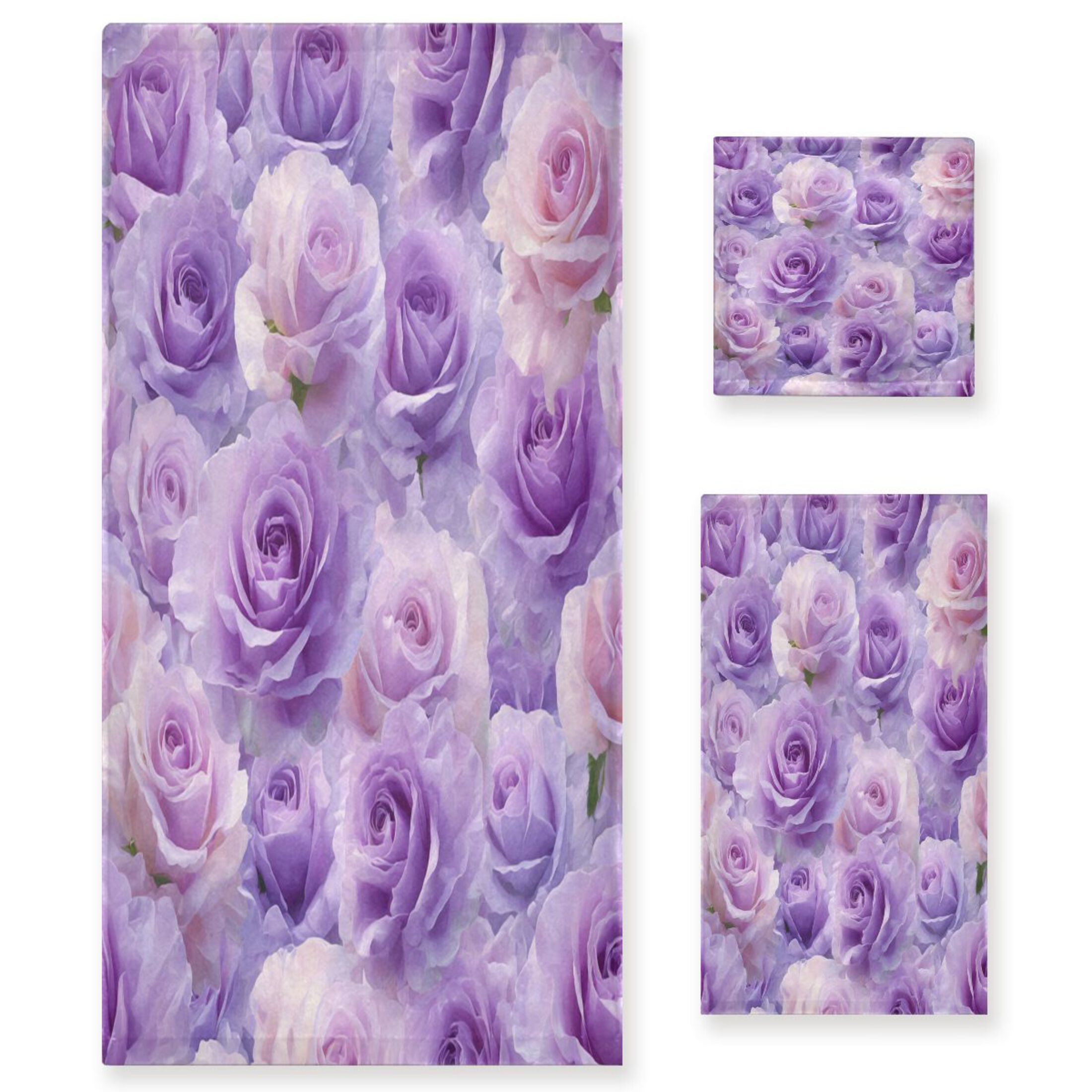 3 Piece Bath Towels Set Bath Towel, Hand Towel and Face Towel for Bathroom, Gym, Hotel Light Purple Roses Pattern