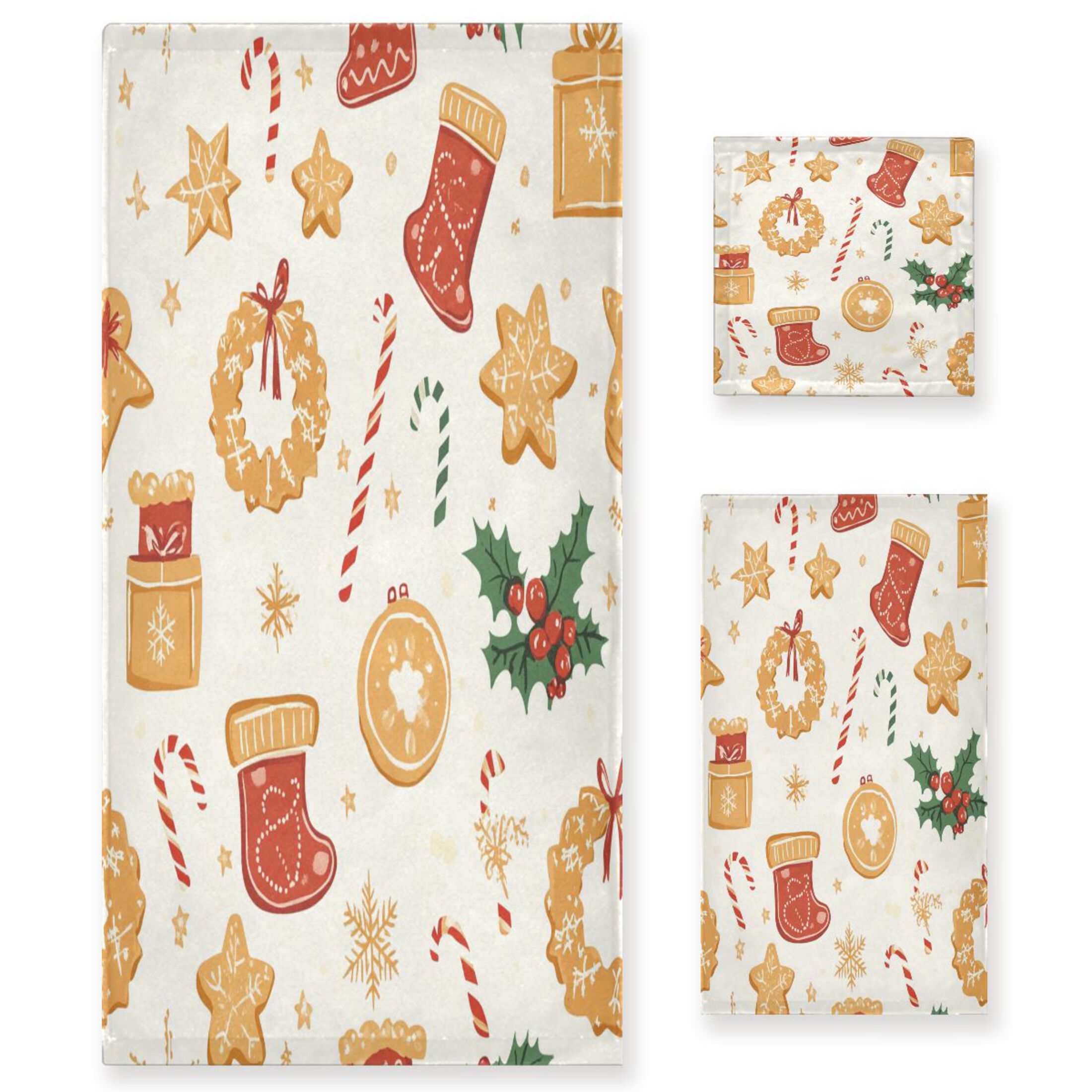 3 Piece Bath Towels Set Bath Towel, Hand Towel and Face Towel for Bathroom, Gym, Hotel Orange Christmas Element Patterns