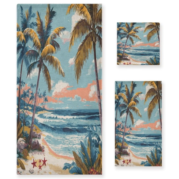 3 Piece Bath Towels Set Bath Towel, Hand Towel and Face Towel for Bathroom, Gym, Hotel Palm Trees and Beaches