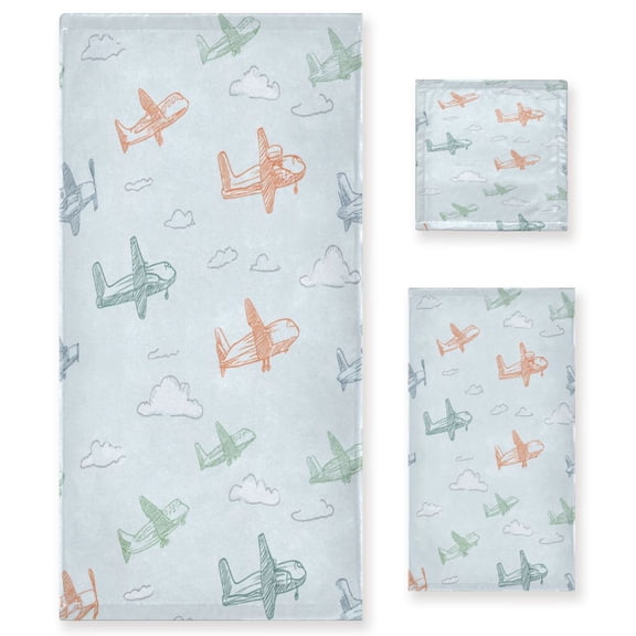 3 Piece Bath Towels Set Bath Towel, Hand Towel and Face Towel for Bathroom, Gym, Hotel Pastel Doodle Airplanes