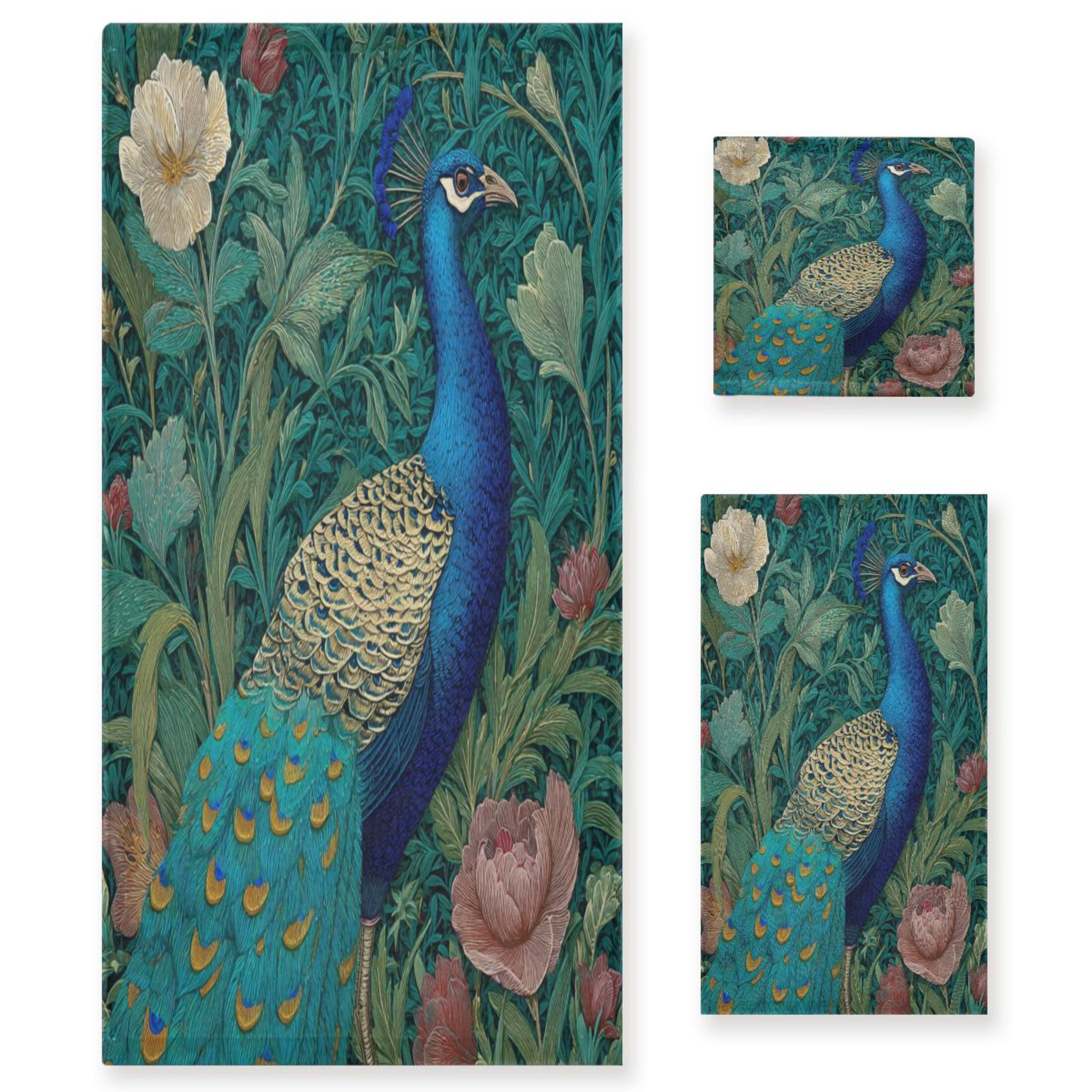 3 Piece Bath Towels Set Bath Towel, Hand Towel and Face Towel for Bathroom, Gym, Hotel Peacock Illustration