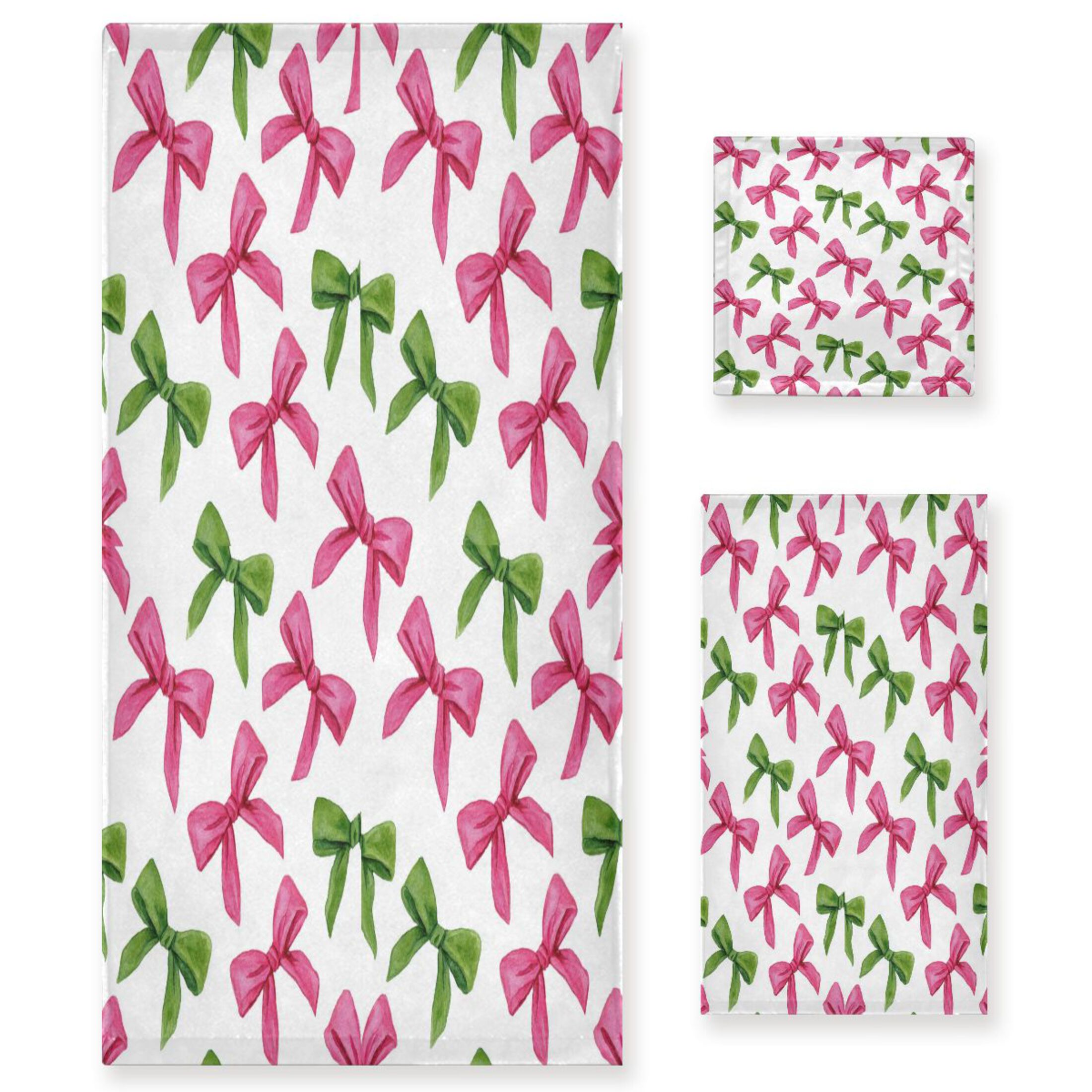 3 Piece Bath Towels Set Bath Towel, Hand Towel and Face Towel for Bathroom, Gym, Hotel Pink Bows and Green Ribbons
