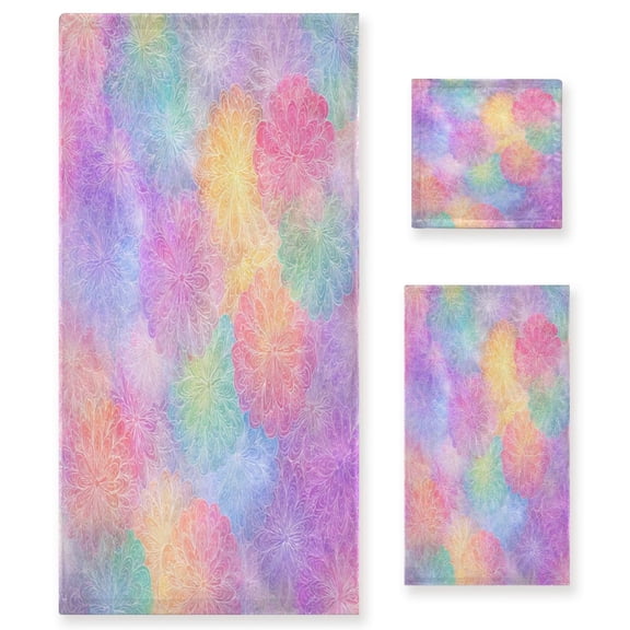 3 Piece Bath Towels Set Bath Towel, Hand Towel and Face Towel for Bathroom, Gym, Hotel Rainbow Flower Pattern