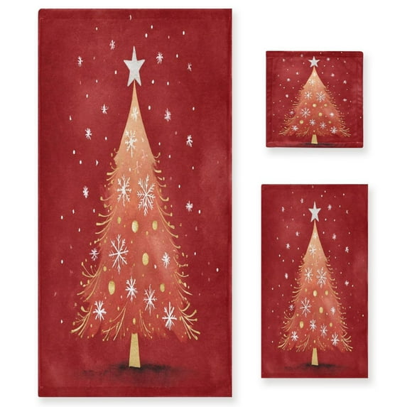 3 Piece Bath Towels Set Bath Towel, Hand Towel and Face Towel for Bathroom, Gym, Hotel Red Christmas Tree