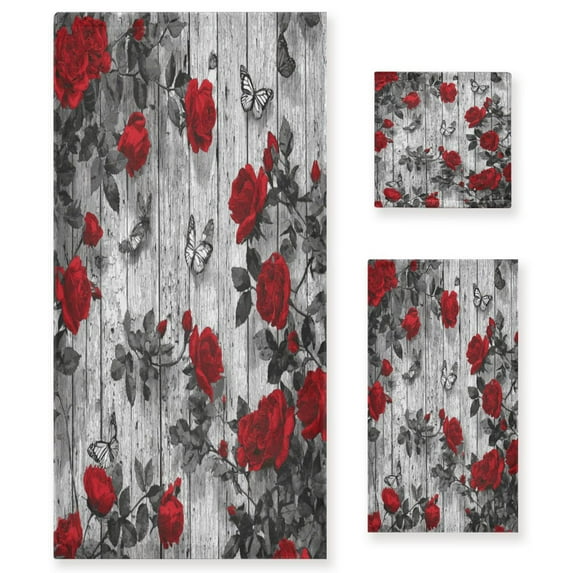 3 Piece Bath Towels Set Bath Towel, Hand Towel and Face Towel for Bathroom, Gym, Hotel Red Roses and Butterflies