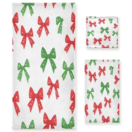 3 Piece Bath Towels Set Bath Towel, Hand Towel and Face Towel for Bathroom, Gym, Hotel Red and Green Bows