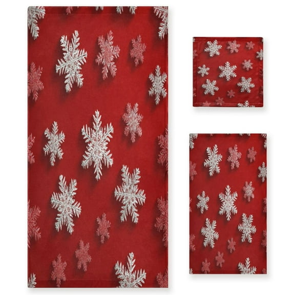 3 Piece Bath Towels Set Bath Towel, Hand Towel and Face Towel for Bathroom, Gym, Hotel Red and White Snowflakes