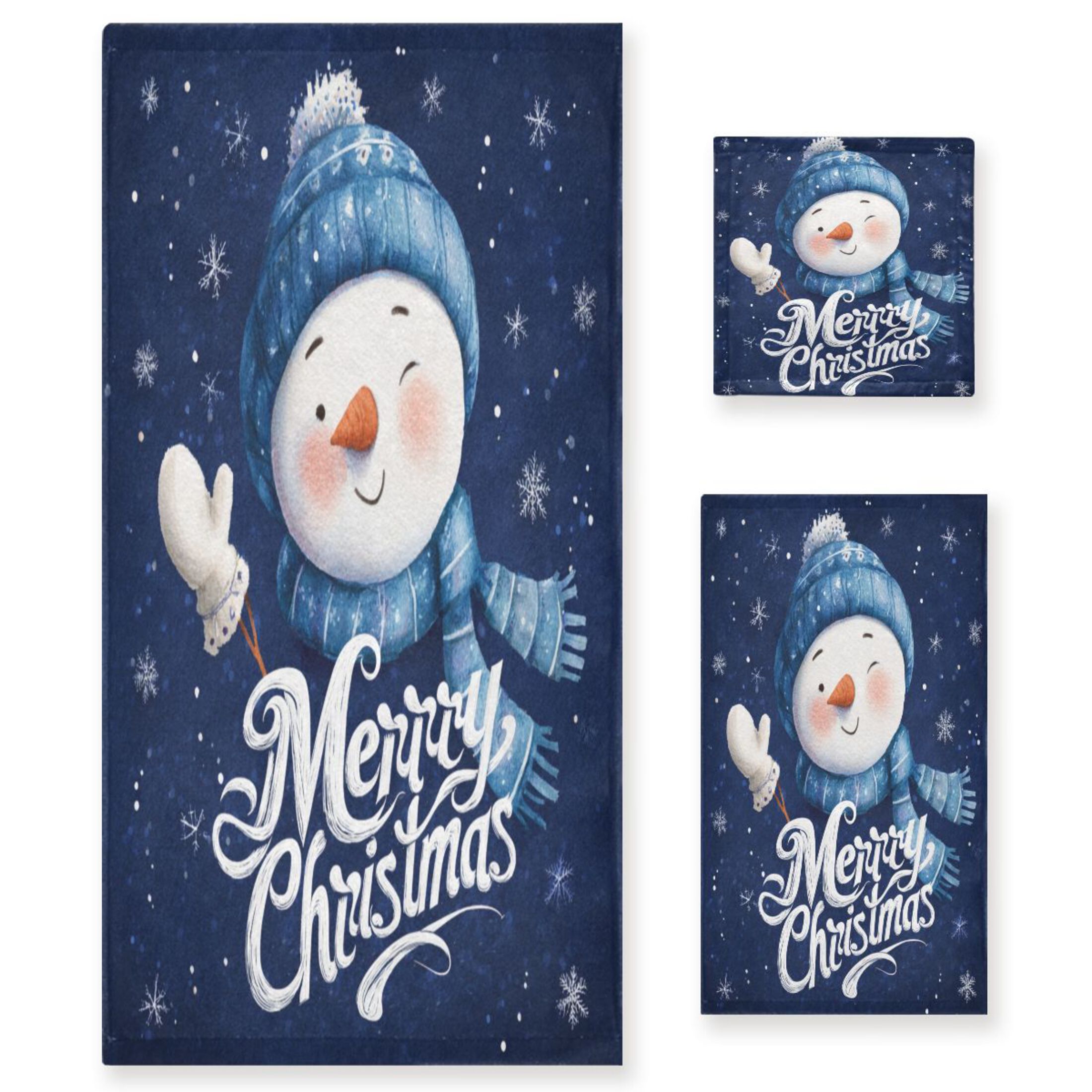 3 Piece Bath Towels Set Bath Towel, Hand Towel and Face Towel for Bathroom, Gym, Hotel Snowman Wearing Blue Scarf and Hat