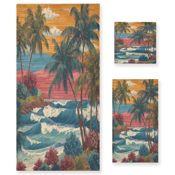 3 Piece Bath Towels Set Bath Towel, Hand Towel and Face Towel for Bathroom, Gym, Hotel Tropical Beach Pattern