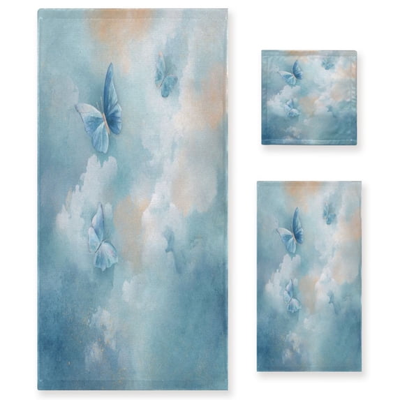 3 Piece Bath Towels Set Bath Towel, Hand Towel and Face Towel for Bathroom, Gym, Hotel Watercolor Blue Butterflies