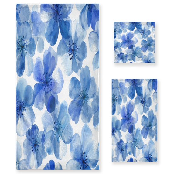 3 Piece Bath Towels Set Bath Towel, Hand Towel and Face Towel for Bathroom, Gym, Hotel Watercolor Blue Flowers