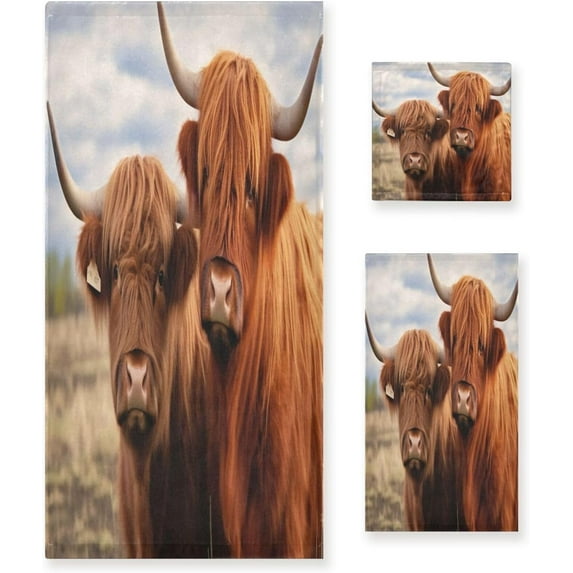3 Piece Bath Towels Set, Super Soft Absorbent Highland Cows Towels for Bathroom Gym Spa Hotel Decor Wash cloth
