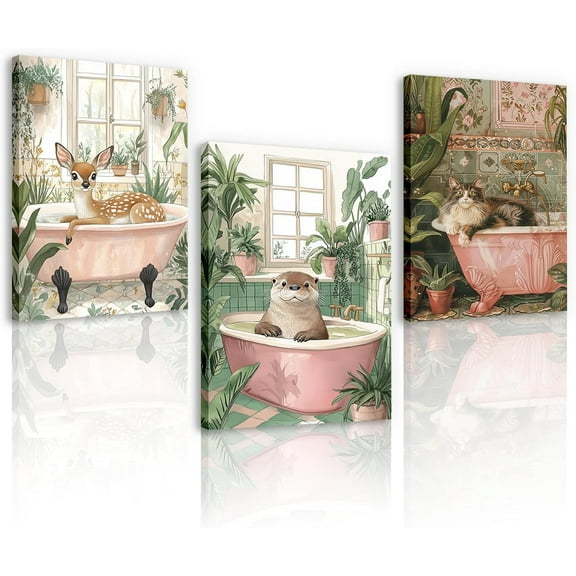 3 Piece Bathroom Canvas Wall Art Blue Flowers Floral in the Bathtub Toilet Painting Prints Modern Botanical Bathroom Picture Poster Wall Decor for Bathroom Restroom Toilet Framed(An-4,20"x28"x3)