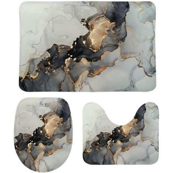 3 Piece Bathroom Rug Set Abstract Art Grey Golden Marble Modern Contour Mat Toilet Lid Cover Non Slip Bath Mat