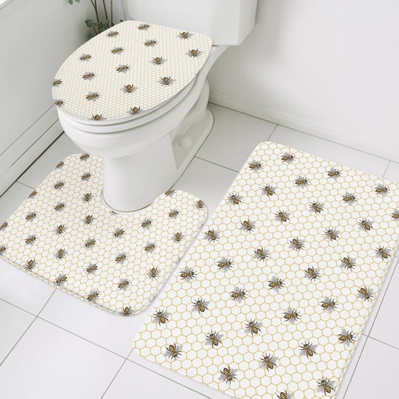 3 Piece Bathroom Rug Set, Abstract Bee Non Slip Bath Mat with Contour Toilet Mat and Lid Cover, Hive Lines Spring Pastoral Country Abstract Absorbent Soft Shower Mats for Bathroom