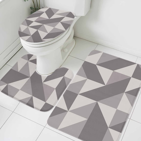 3 Piece Bathroom Rug Set, Abstract Grey Non Slip Bath Mat with Contour Toilet Mat and Lid Cover, Beige Triangle Geometric Modern Absorbent Soft Shower Mats for Bathroom