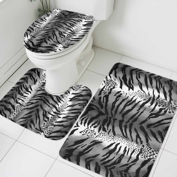 3 Piece Bathroom Rug Set, Black And White Leopard Non Slip Bath Mat with Contour Toilet Mat and Lid Cover, Abstract Vintage Animal Prints Absorbent Soft Shower Mats for Bathroom