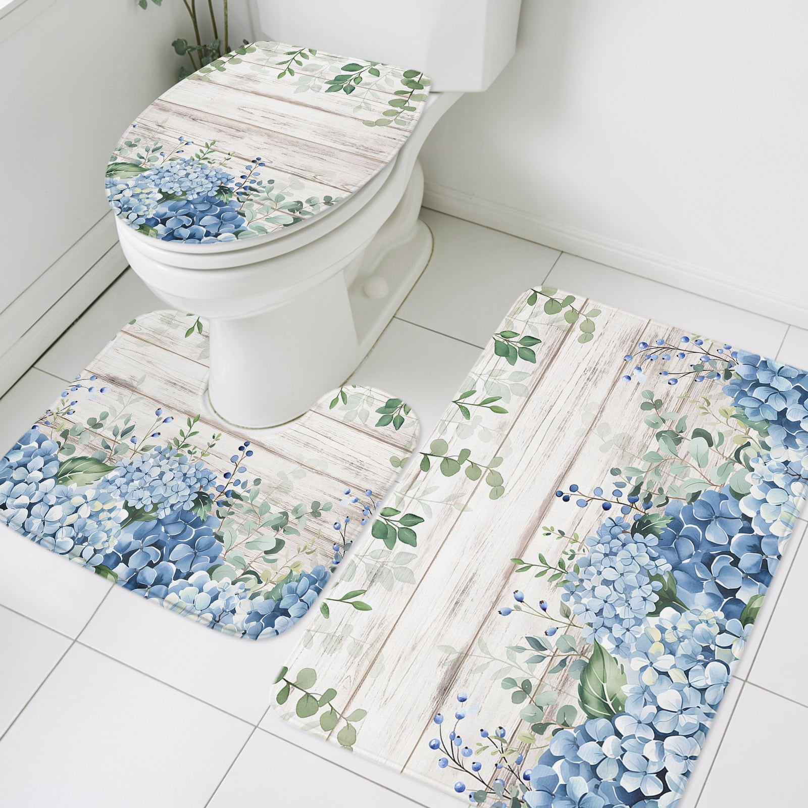 Tufted Rug Blue Hydrangea 3 Piece Bathroom Rug Set, Blue Hydrangea Non Slip Bath Mat with Contour ...