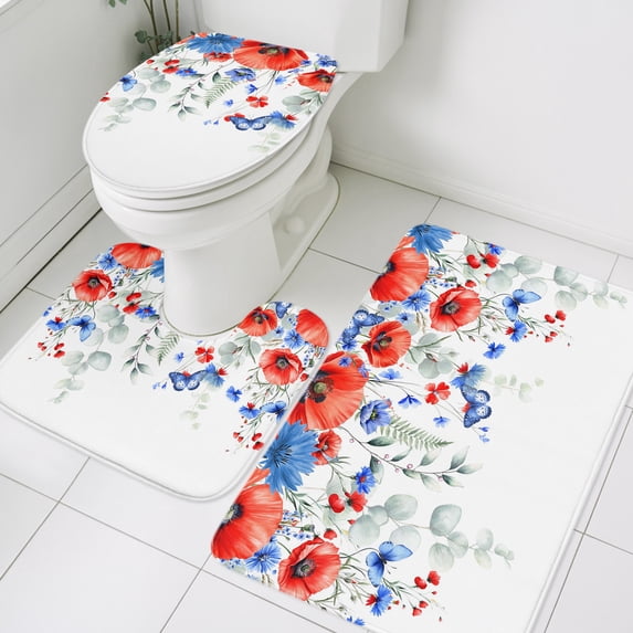 3 Piece Bathroom Rug Set, Blue Red Flower Non Slip Bath Mat with ...
