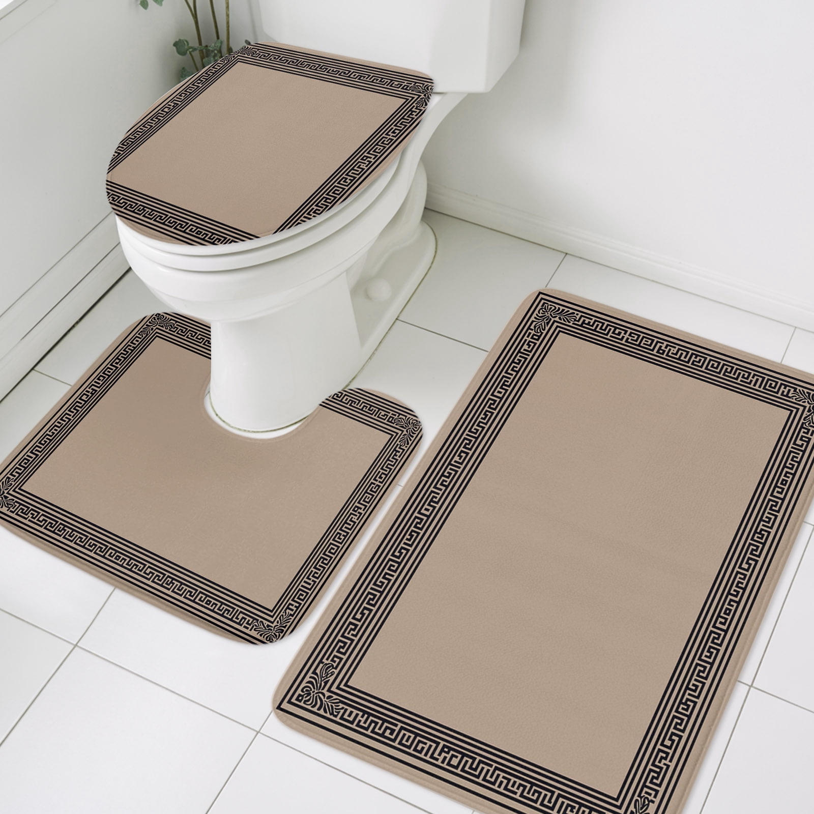 3 Piece Bathroom Rug Set, Brown Abstract Art Non Slip Bath Mat with ...