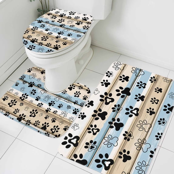 3 Piece Bathroom Rug Set, Brown Blue Wood Grain Non Slip Bath Mat with Contour Toilet Mat and Lid Cover, Dog Paw Absorbent Soft Shower Mats for Bathroom