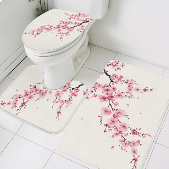 3 Piece Bathroom Rug Set, Cherry Blossoms Non Slip Bath Mat with Contour Toilet Mat and Lid Cover, Watercolor Pink Floral Absorbent Soft Shower Mats for Bathroom