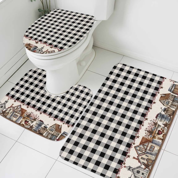3 Piece Bathroom Rug Set, Country Barn Non Slip Bath Mat with Contour Toilet Mat and Lid Cover, House Bucket Farmhouse Black Buffalo Plaid Absorbent Soft Shower Mats for Bathroom