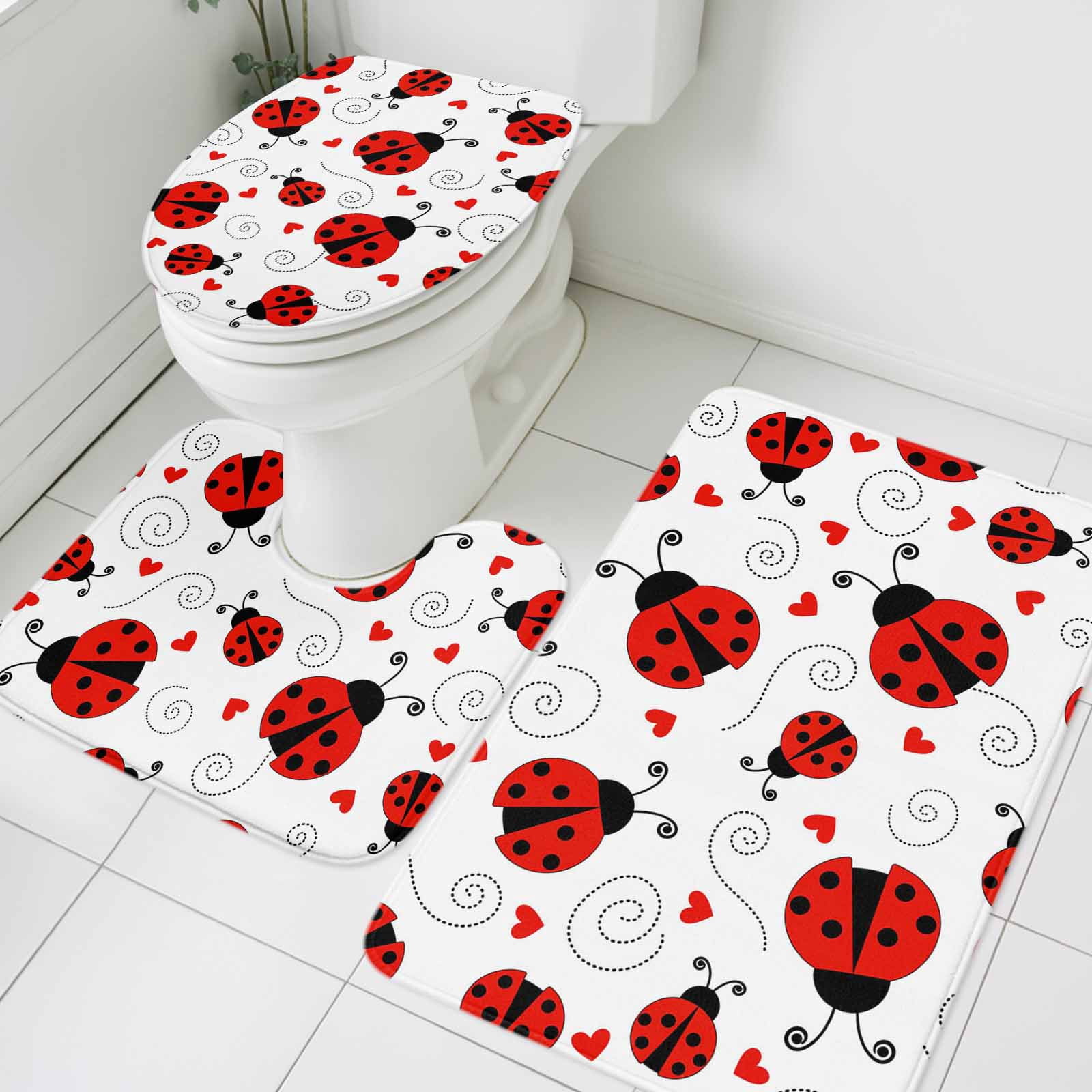 3 Piece Bathroom Rug Set, Country Ladybug Non Slip Bath Mat with ...