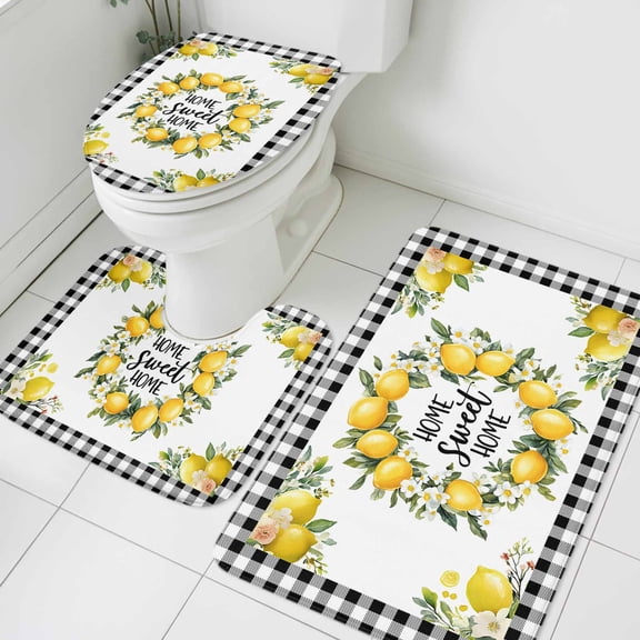 3 Piece Bathroom Rug Set, Country Vintage Farm Non Slip Bath Mat with Contour Toilet Mat and Lid Cover, Home Sweet Home Fruit Yellow Lemon Absorbent Soft Shower Mats for Bathroom