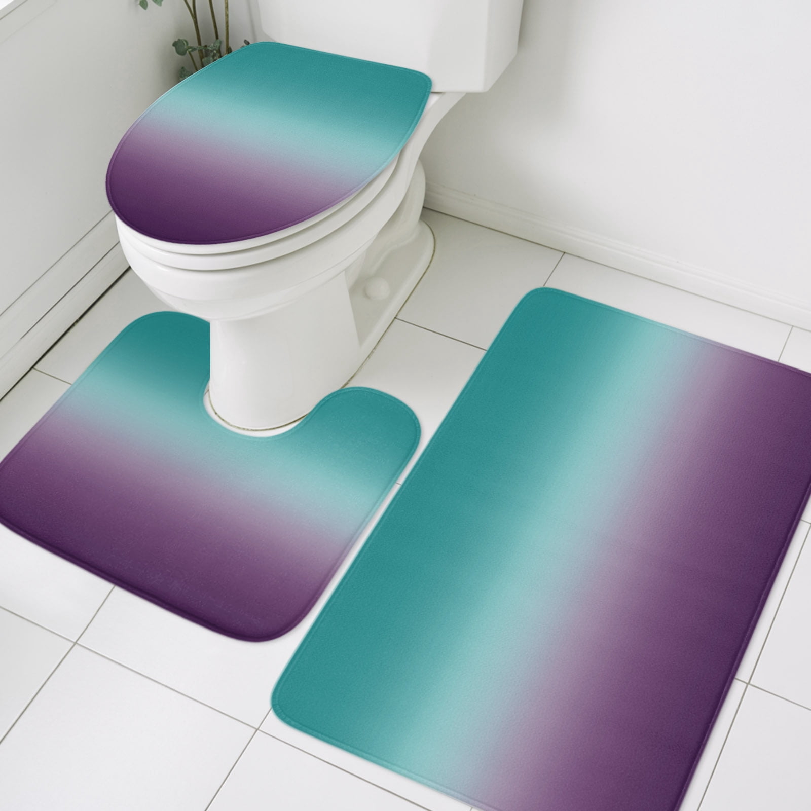 3 Piece Bathroom Rug Set, Cyan Turquoise Non Slip Bath Mat with Contour ...