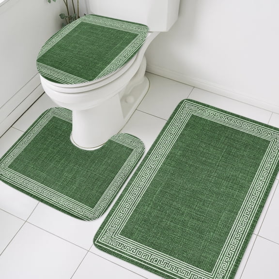 3 Piece Bathroom Rug Set, Dark Green Abstract Art Non Slip Bath Mat with Contour Toilet Mat and Lid Cover, Vintage Linen Greek Key Geometric Absorbent Soft Shower Mats for Bathroom